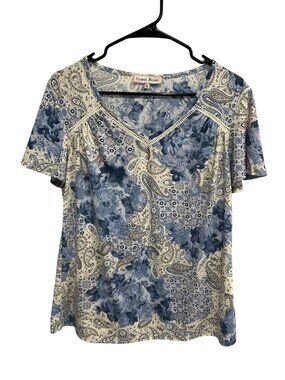 Carol Rose XL Blue Paisley Floral Short Sleeve V-Neck Top Boho Chic Artistic